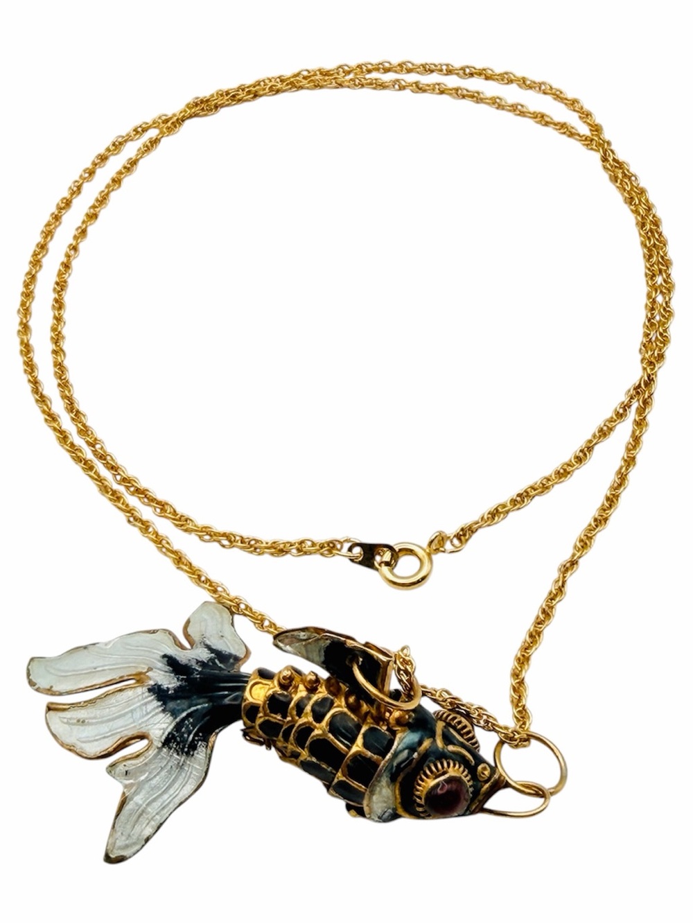 VTG Gold-Tone Cloisonné Articulated Koi Fish Pendant Necklace Red Agate Eyes